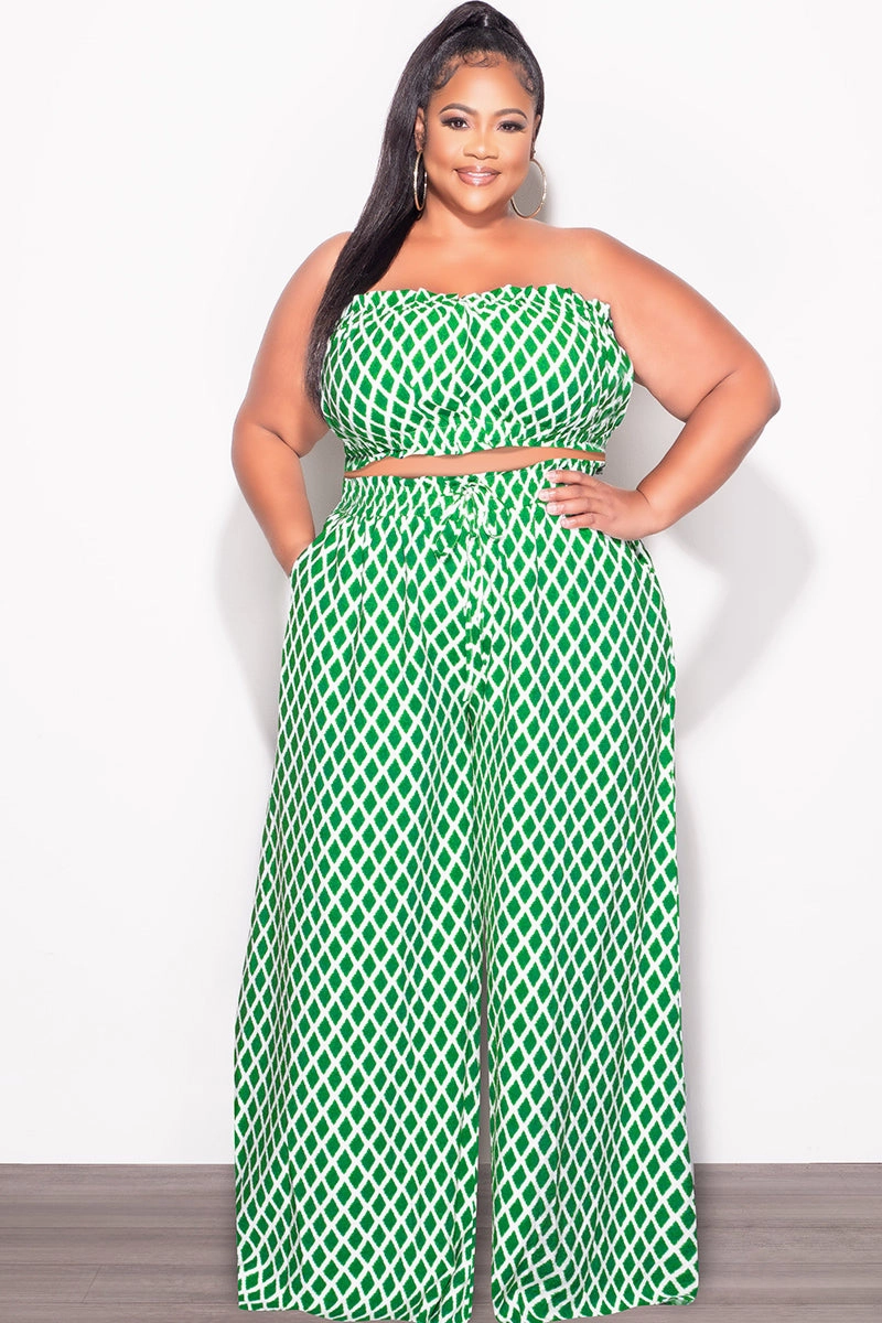 Final Sale Plus Size 2pc Strapless Crop Top and Flare Pants Set In Green & White Print Tough Style