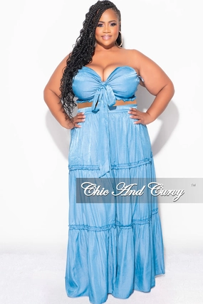 Final Sale Plus Size 2pc Strapless Crop Top and Maxi Skirt Set in Denim Flexible Layer Fit