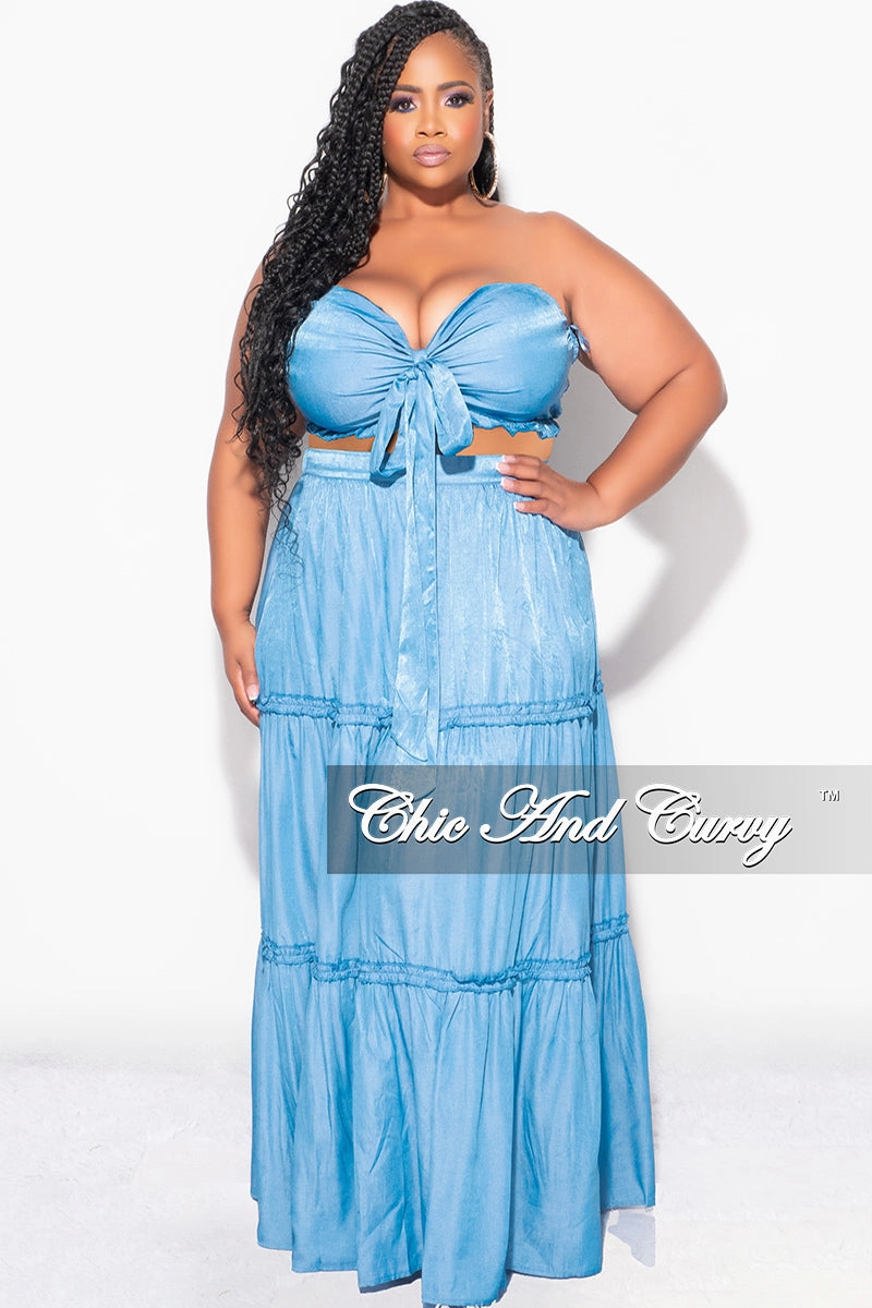 Final Sale Plus Size 2pc Strapless Crop Top and Maxi Skirt Set in Denim Breathable Wearable