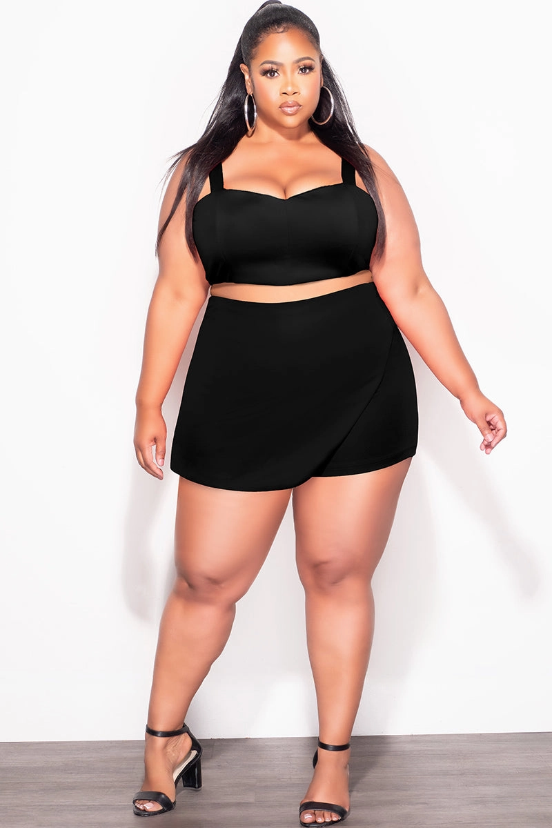 Final Sale Plus Size 2pc Strapless Crop Top and Skort Set in Black Sleek Comfort