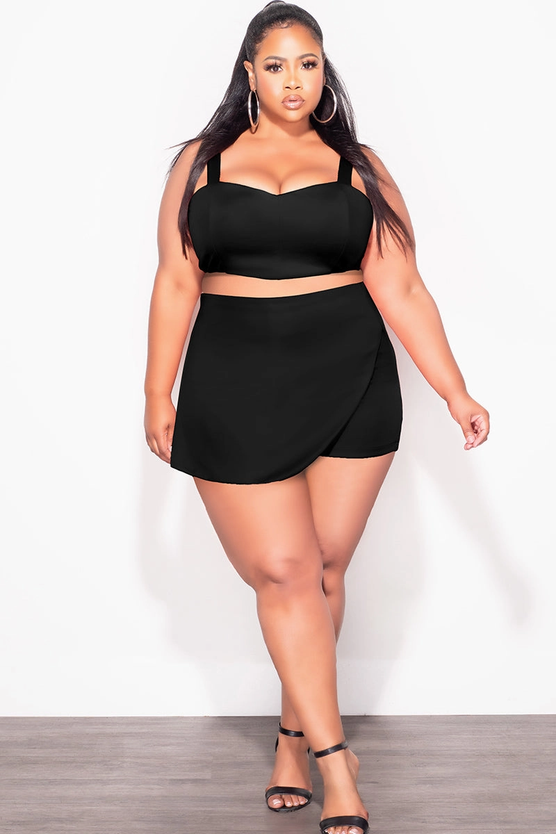 Final Sale Plus Size 2pc Strapless Crop Top and Skort Set in Black Adjustable loop Tapered leg