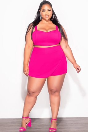 Soft Structure Final Sale Plus Size 2pc Strapless Crop Top and Skort Set in Fuchsia