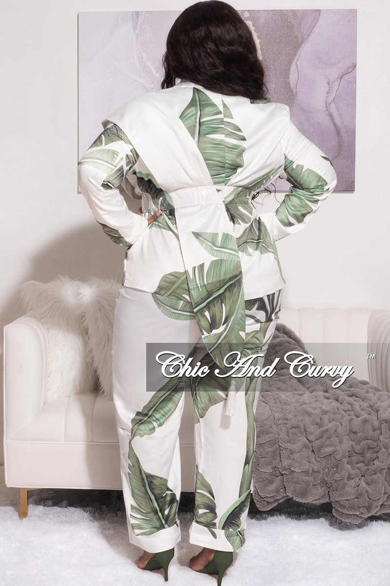Final Sale Plus Size 2pc Suit with Waist Tie in Green and White Leaf Print Multi Pocket Design