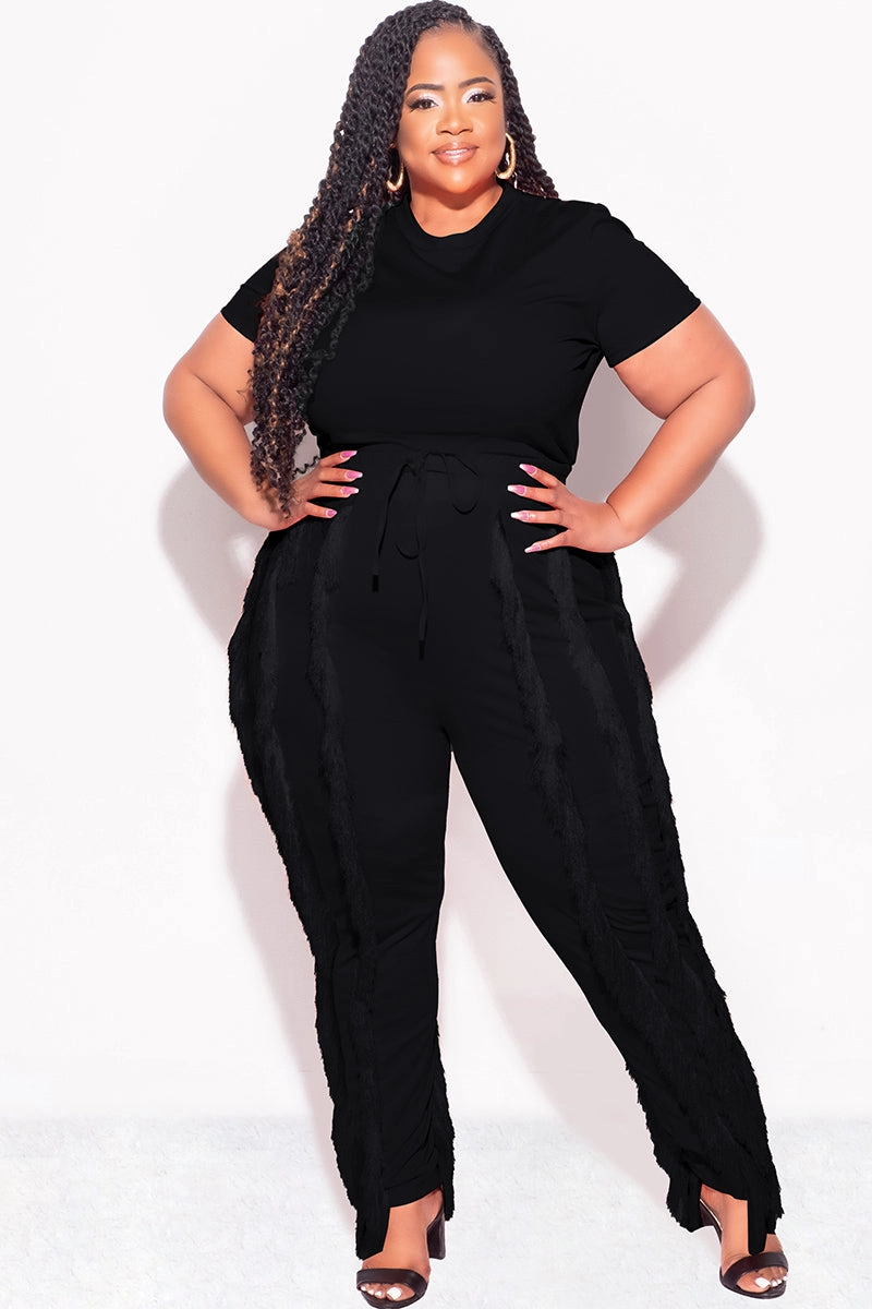 Final Sale Plus Size 2pc Tassel Pant Set in Black Versatile Comfort