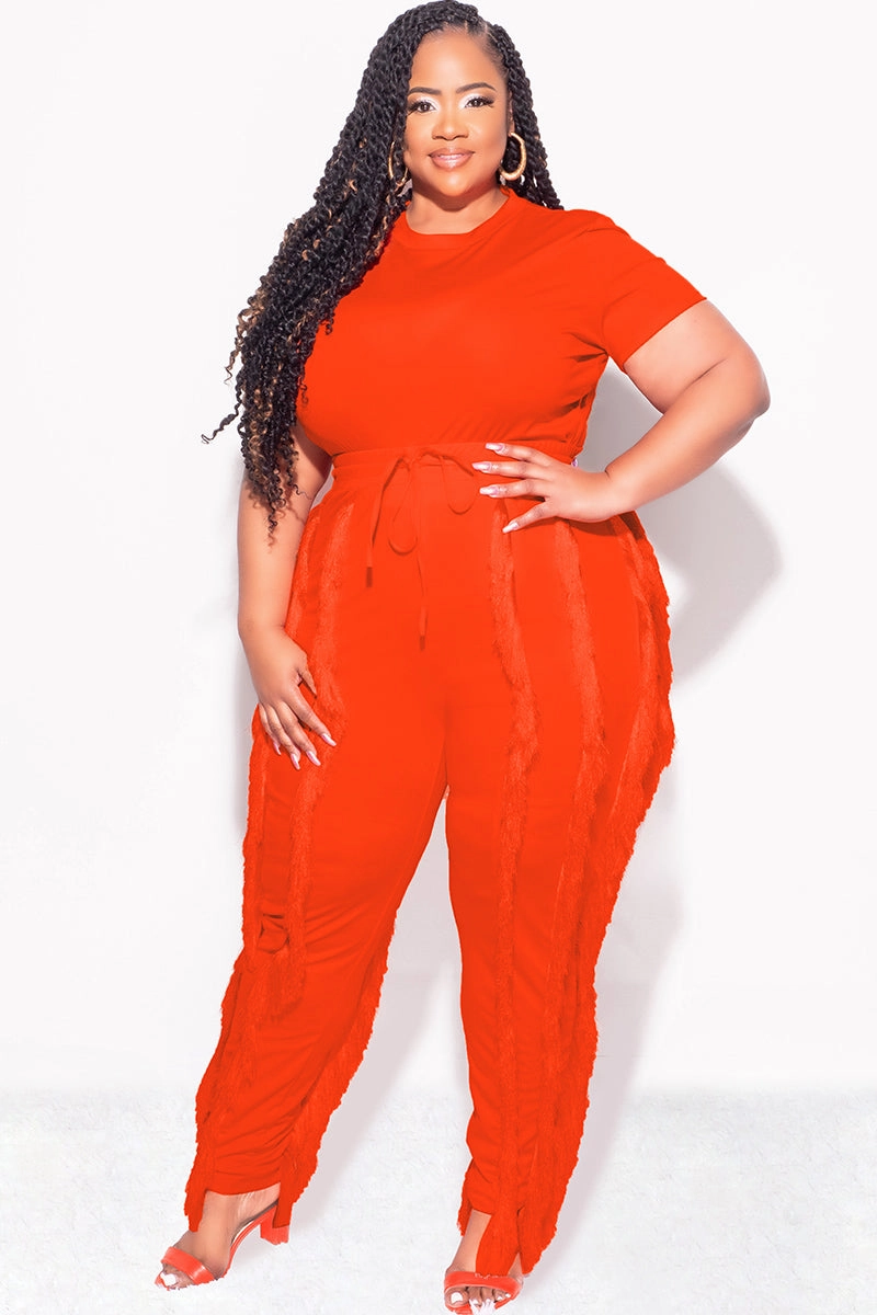Final Sale Plus Size 2pc Tassel Pant Set in Orange Slim wear Comfy Look