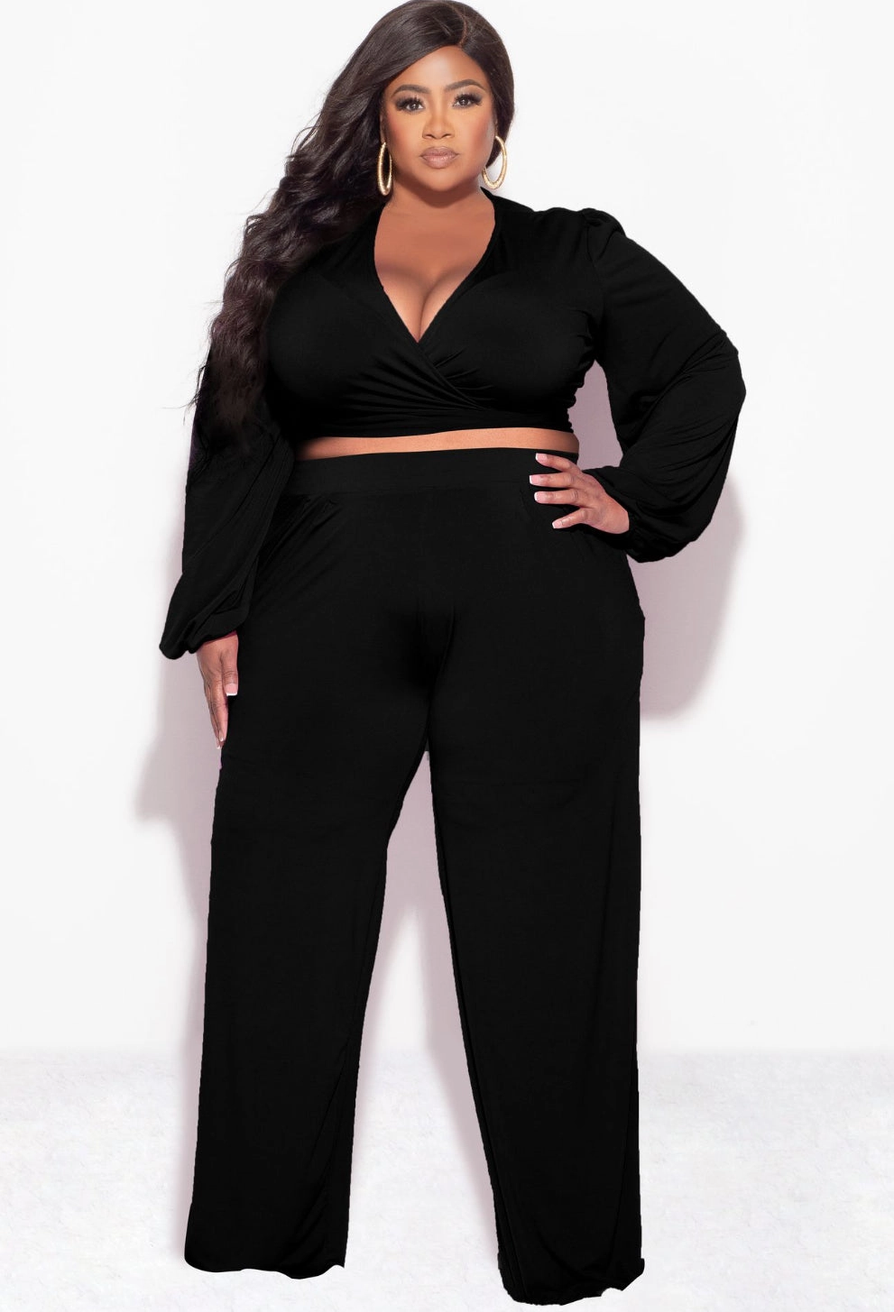 Final Sale Plus Size 2pc Tie Top & Pants in Black Chic Look Feminine Cut