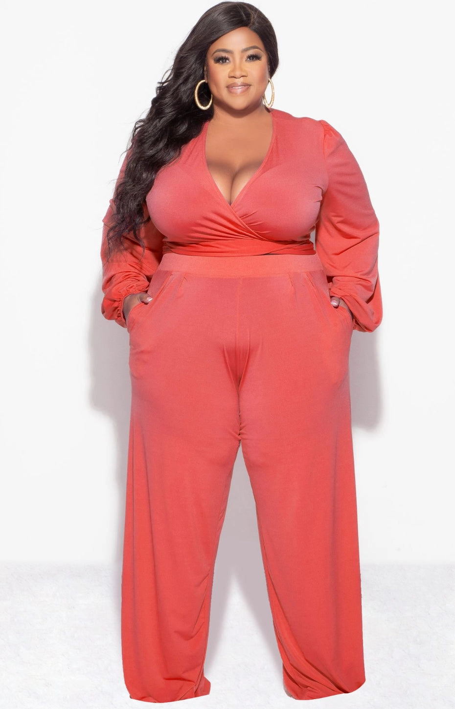 Casual Comfort Look Final Sale Plus Size 2pc Tie Top & Pants in Orange Rust