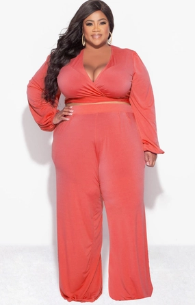 Final Sale Plus Size 2pc Tie Top & Pants in Orange Rust Movement Ready Flexibility Built-In