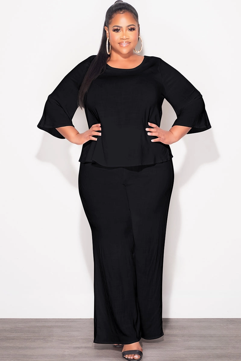 Ventilated Mesh Lining Minimal Vibe Final Sale Plus Size 2pc Top and Pants Set in Black Linen