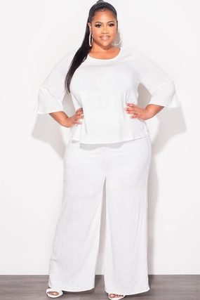 Dark wash Casual Comfort Wear Final Sale Plus Size 2pc Top and Pants Set in Off White Linen
