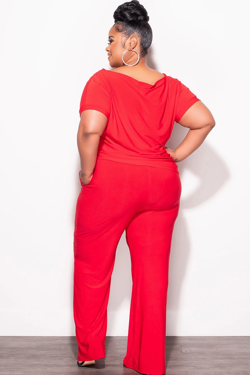 Final Sale Plus Size 2pc Top and Pants Set in Red Layer Friendly Embroidered Detail