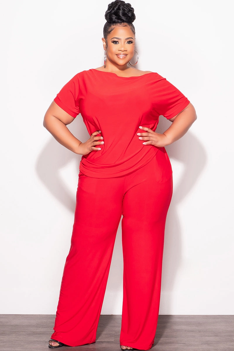 Smooth zipper closure Final Sale Plus Size 2pc Top and Pants Set in Red