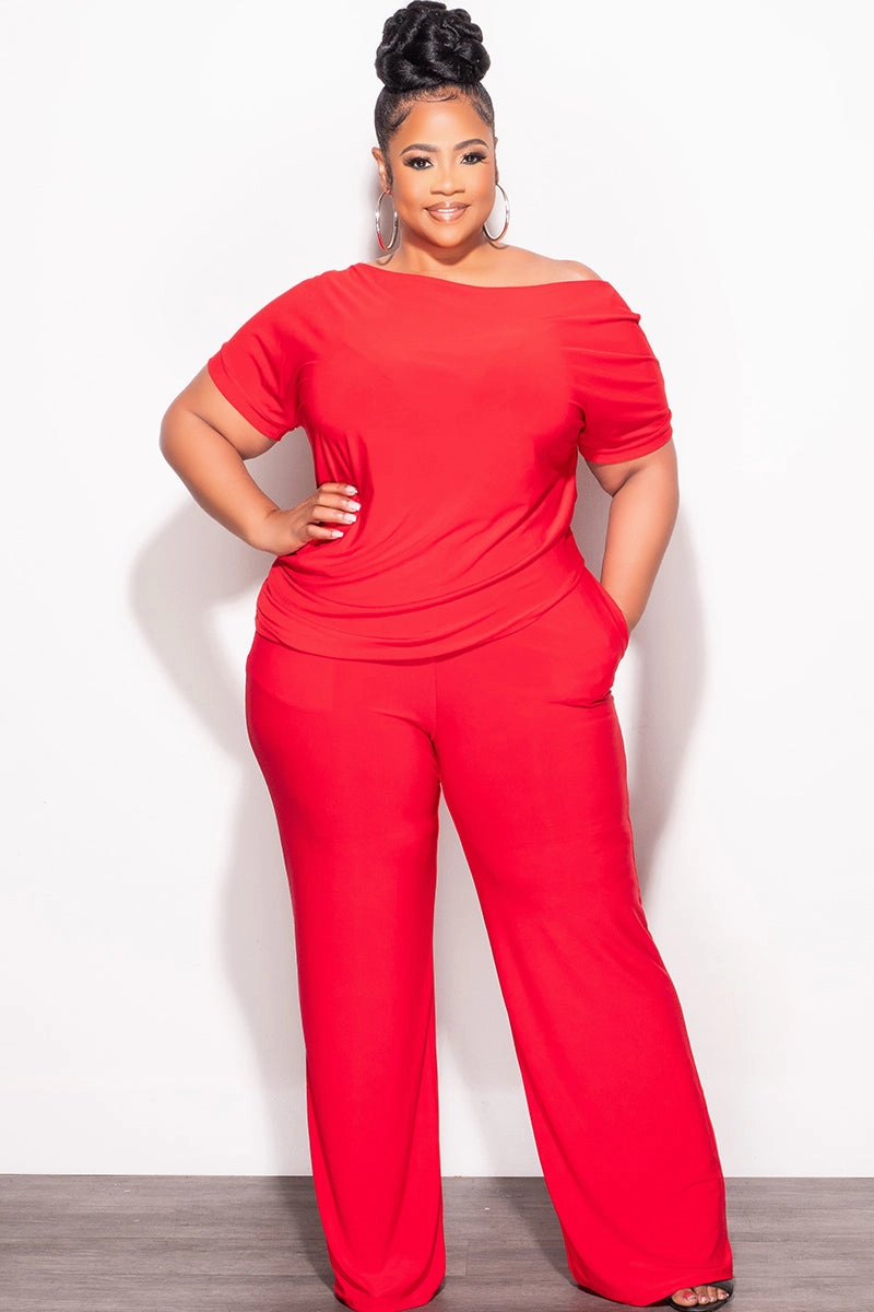 Final Sale Plus Size 2pc Top and Pants Set in Red Sporty Style