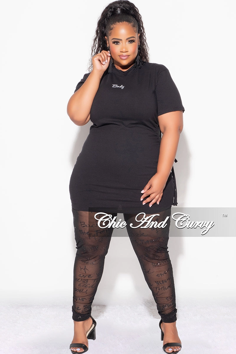 Full Coverage Final Sale Plus Size 2pc Top with Side Cutout and Mesh Glitter Leggings Set in Black