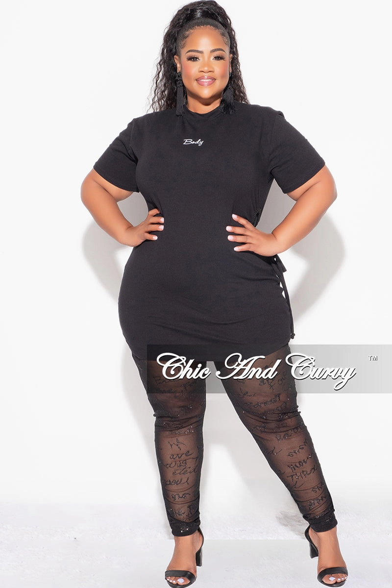 Final Sale Plus Size 2pc Top with Side Cutout and Mesh Glitter Leggings Set in Black Body Movement Tangle Free Cuffs