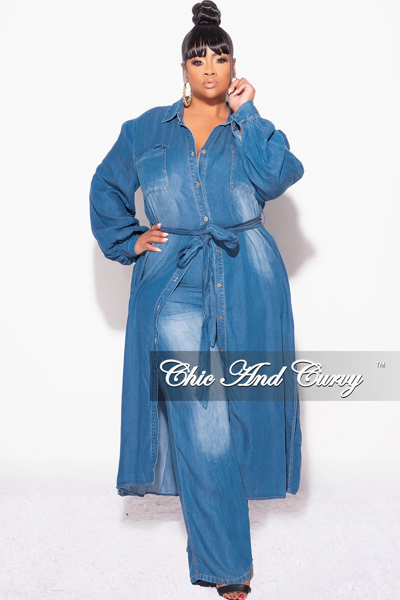Final Sale Plus Size 2pc Trench Jacket and Pants Set in Denim Flattering Comfort Reinforced Stitching