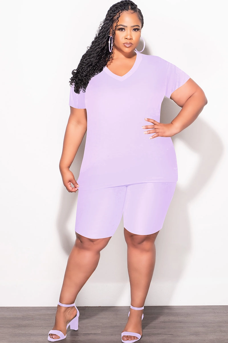 Comfy Ease Comfortable Movement Final Sale Plus Size 2pc V Neck Biker Shorts Set in Lavender