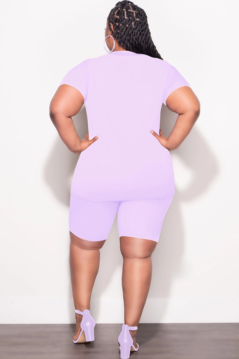 Anti Pilling Surface Final Sale Plus Size 2pc V Neck Biker Shorts Set in Lavender