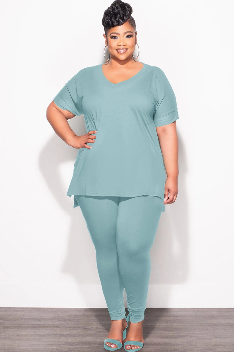 Final Sale Plus Size 2pc V-Neck Tunic Top and Matching Legging Set in Blue Grey Dynamic Motion Timeless Comfort