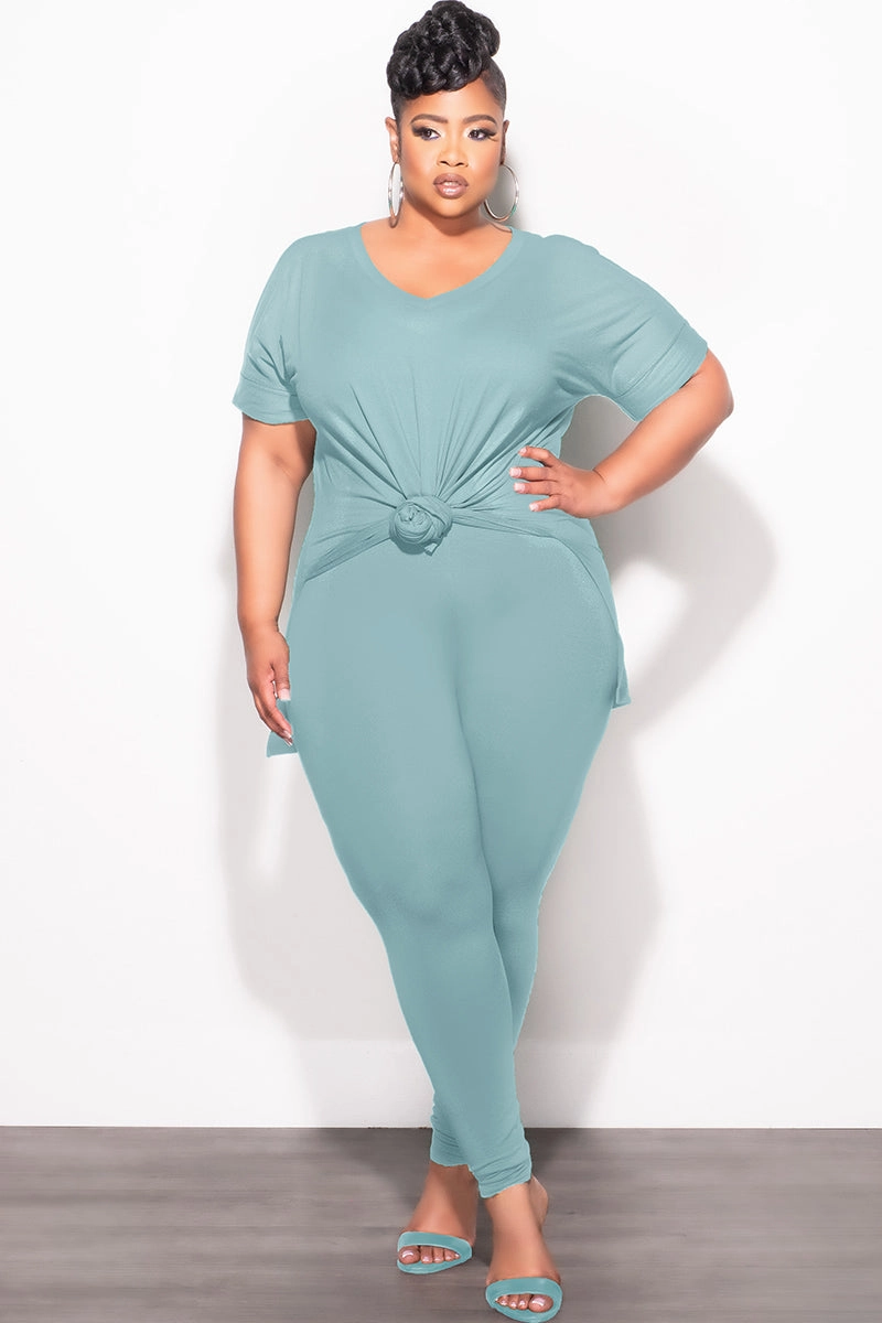 Final Sale Plus Size 2pc V-Neck Tunic Top and Matching Legging Set in Blue Grey Lightweight Flex