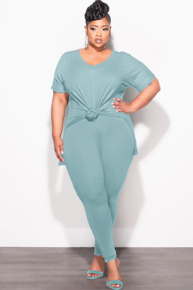 Twill Weave Texture Feminine Cut Final Sale Plus Size 2pc V-Neck Tunic Top and Matching Legging Set in Blue Grey