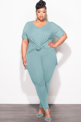 Final Sale Plus Size 2pc V-Neck Tunic Top and Matching Legging Set in Blue Grey Lightweight Flex