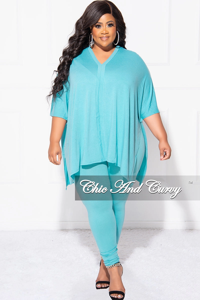 Final Sale Plus Size 2pc V Neck Tunic Top and Matching Legging Set in Mint Blue Modular Attachment Comfy Texture