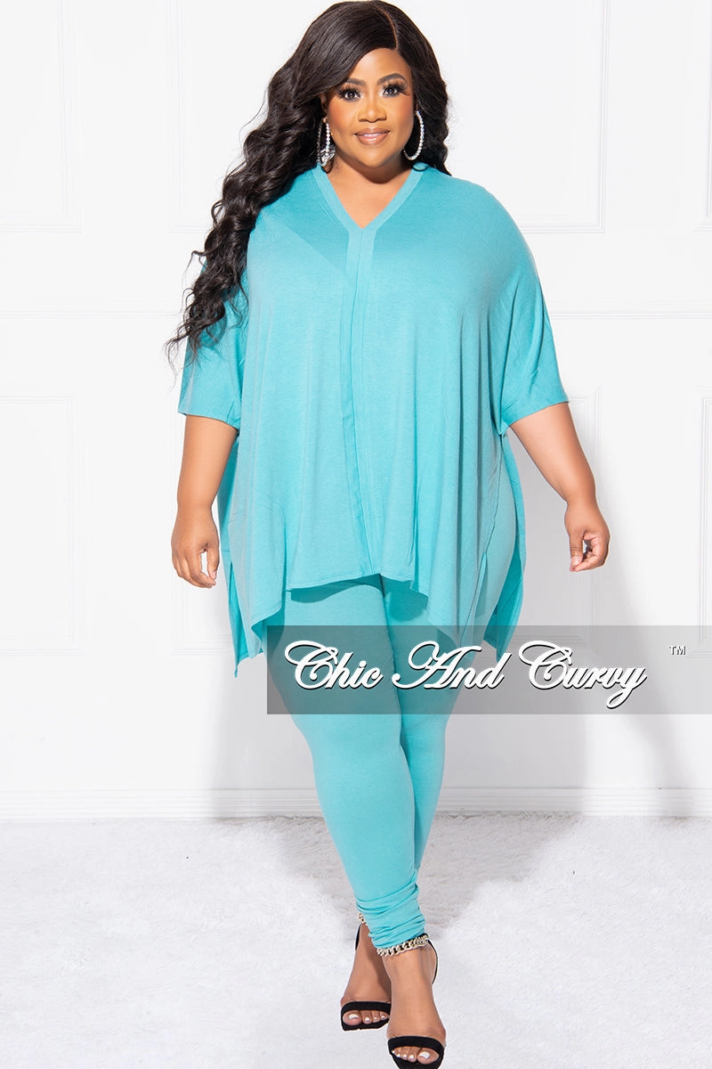 Side Pockets Final Sale Plus Size 2pc V Neck Tunic Top and Matching Legging Set in Mint Blue
