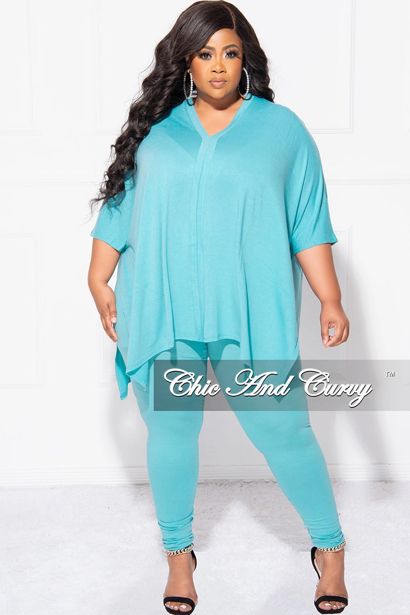 Final Sale Plus Size 2pc V Neck Tunic Top and Matching Legging Set in Mint Blue NonRestrictiveFit