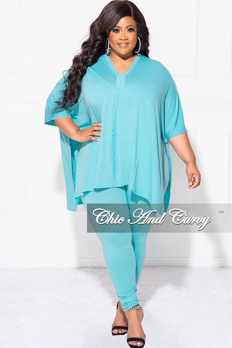 Final Sale Plus Size 2pc V Neck Tunic Top and Matching Legging Set in Mint Blue Sporty Look
