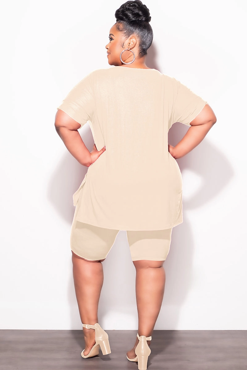 Final Sale Plus Size 2pc V-Neck Tunic Top and Matching Shorts Set in Beige AntiStaticTreatment Flexible Comfort Wear