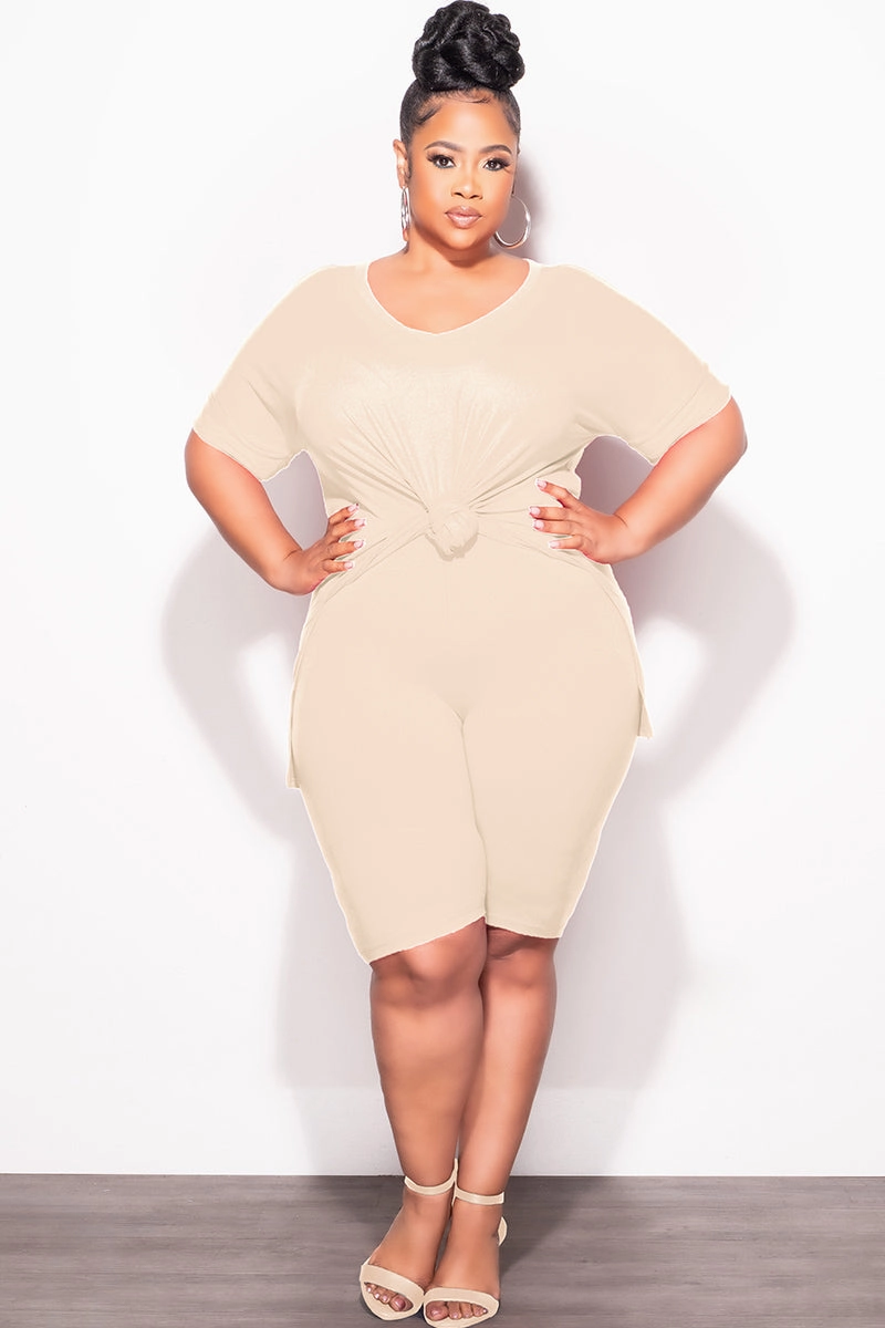 Final Sale Plus Size 2pc V-Neck Tunic Top and Matching Shorts Set in Beige Core Ease