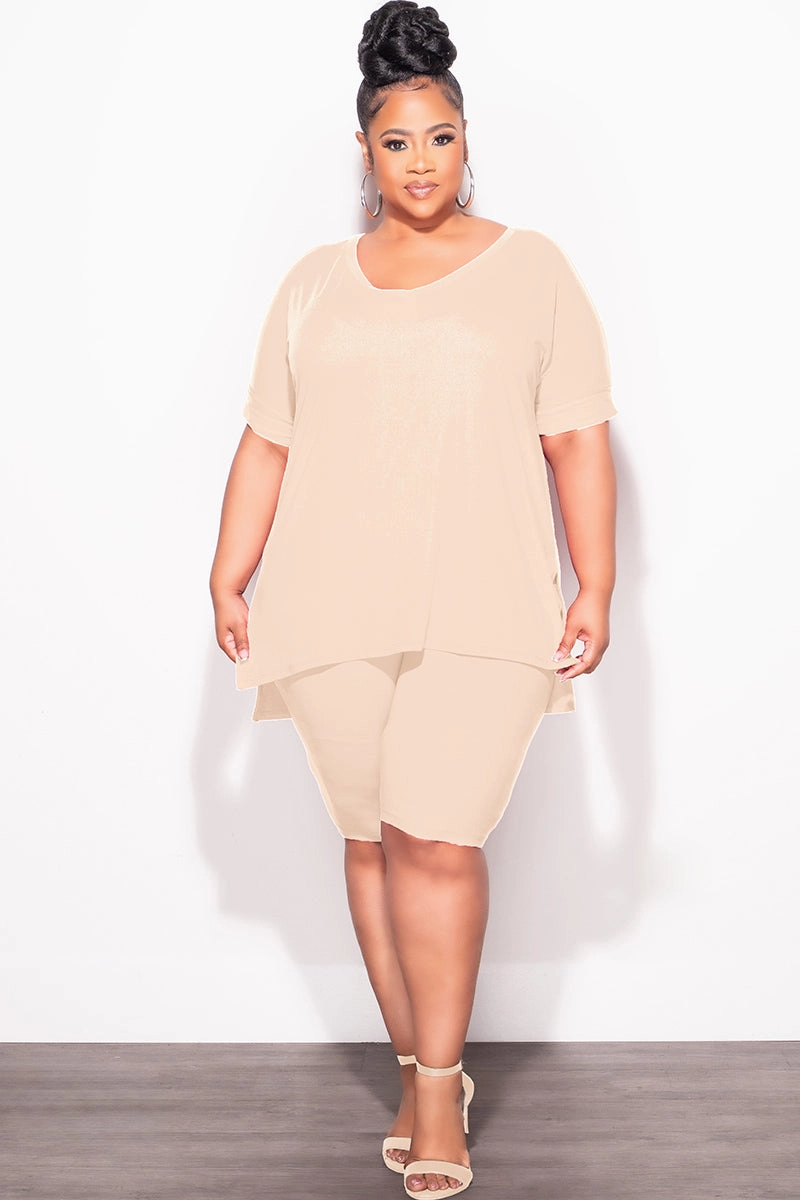 Final Sale Plus Size 2pc V-Neck Tunic Top and Matching Shorts Set in Beige Flexible Fabric