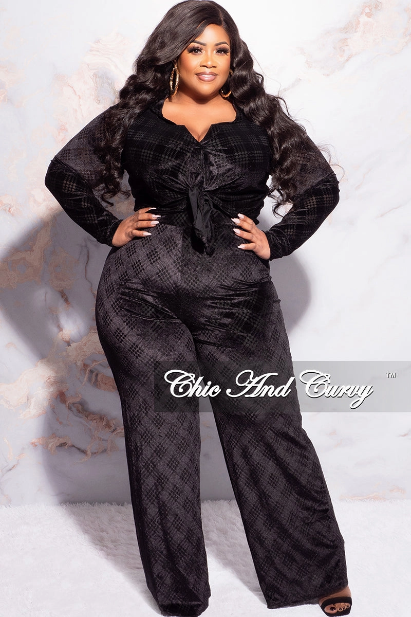 Cozy Touch Final Sale Plus Size 2pc Velvet Crop Top and Pants Set in Black