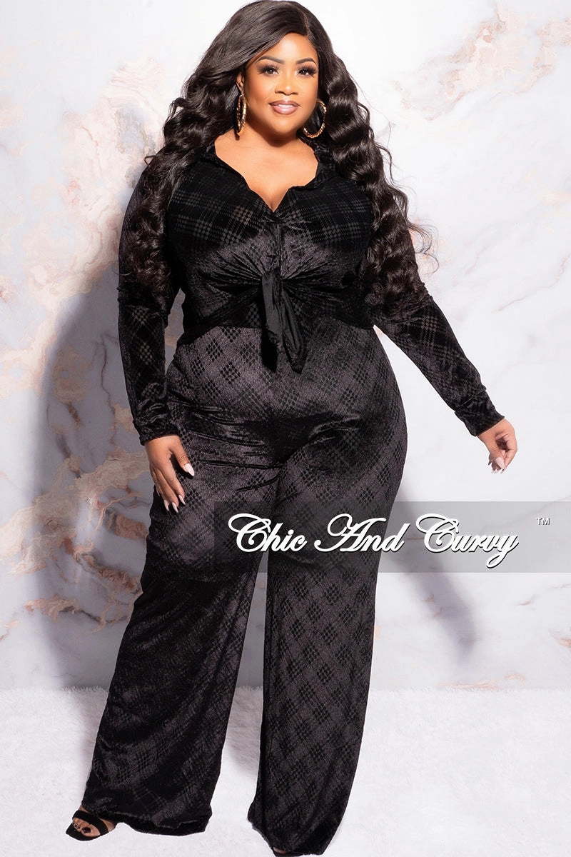 Comfy Motion Final Sale Plus Size 2pc Velvet Crop Top and Pants Set in Black