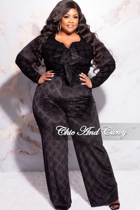Cozy Touch Final Sale Plus Size 2pc Velvet Crop Top and Pants Set in Black