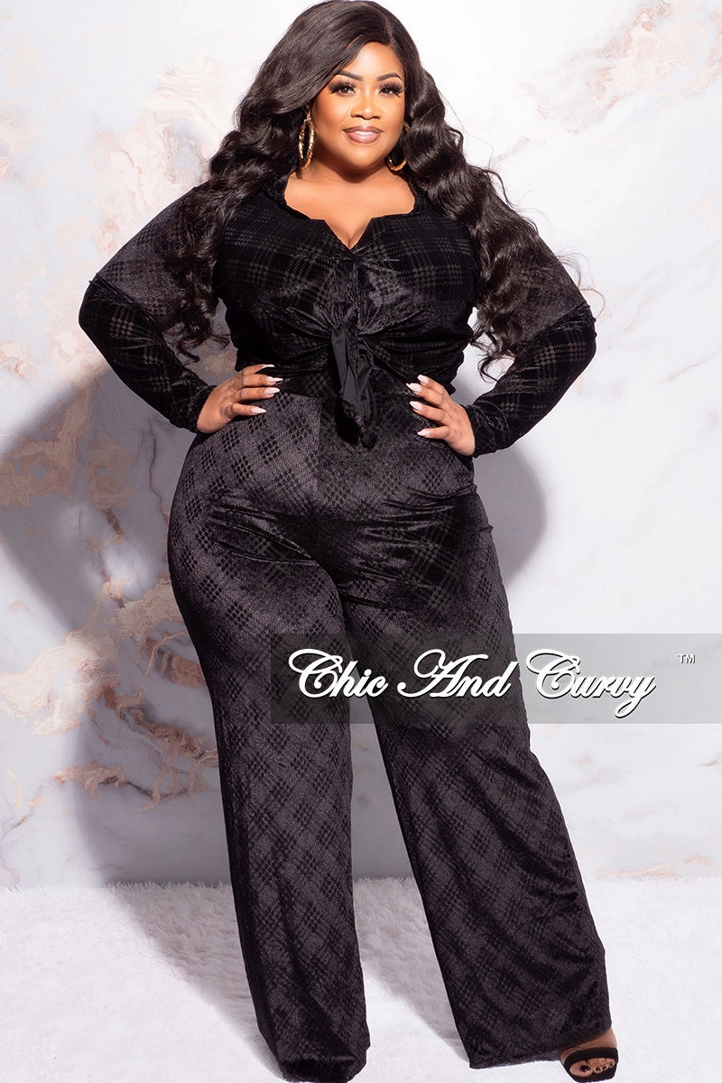 Final Sale Plus Size 2pc Velvet Crop Top and Pants Set in Black Athletic Flex Wear
