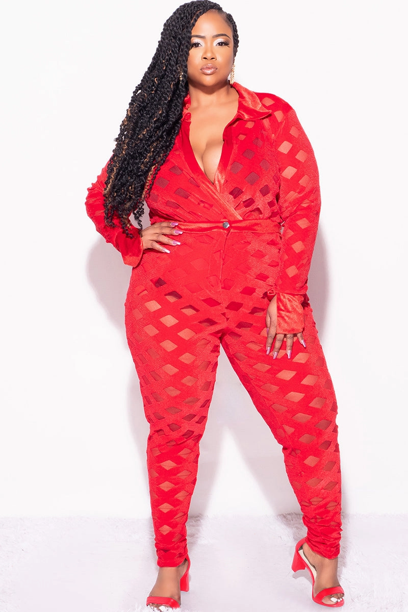 Slim Stretch Final Sale Plus Size 2Pc Velvet Pants & Long Sleeve Bodysuit in Red
