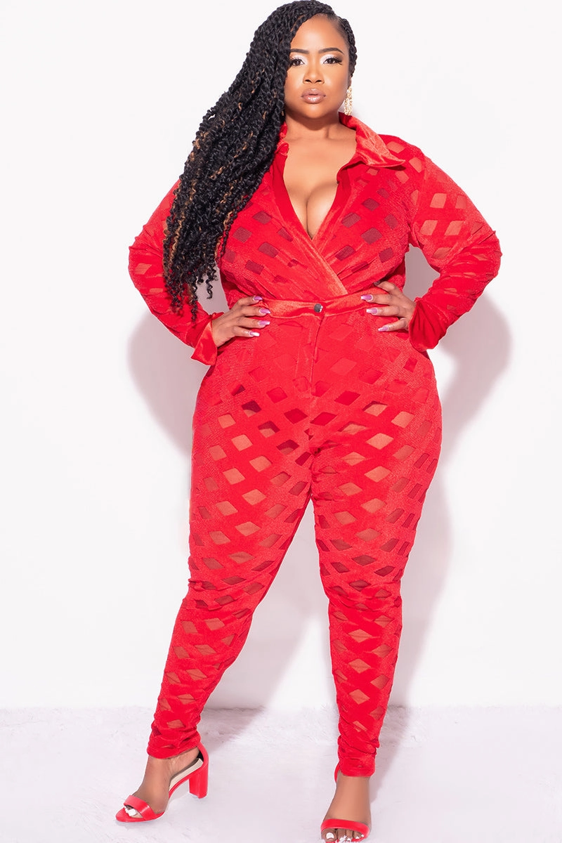 Odor Control Treatment Final Sale Plus Size 2Pc Velvet Pants & Long Sleeve Bodysuit in Red