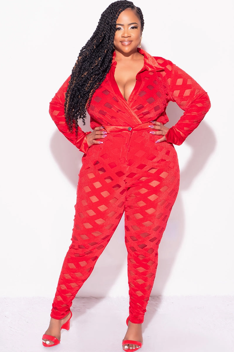 Core Fit Design Final Sale Plus Size 2Pc Velvet Pants & Long Sleeve Bodysuit in Red