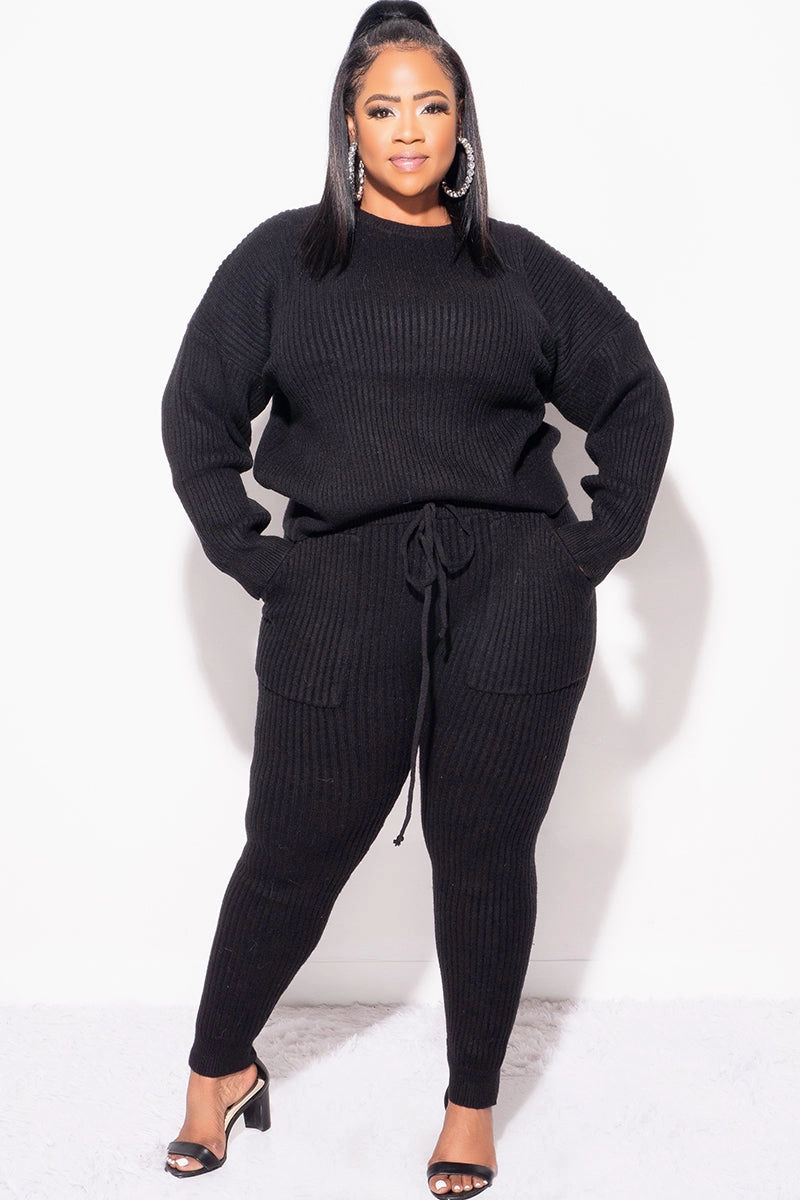 Final Sale Plus Size 2pc Warm & Cozy Sweater Knit Pants Set in Black Functional Design SeamlessConstruction