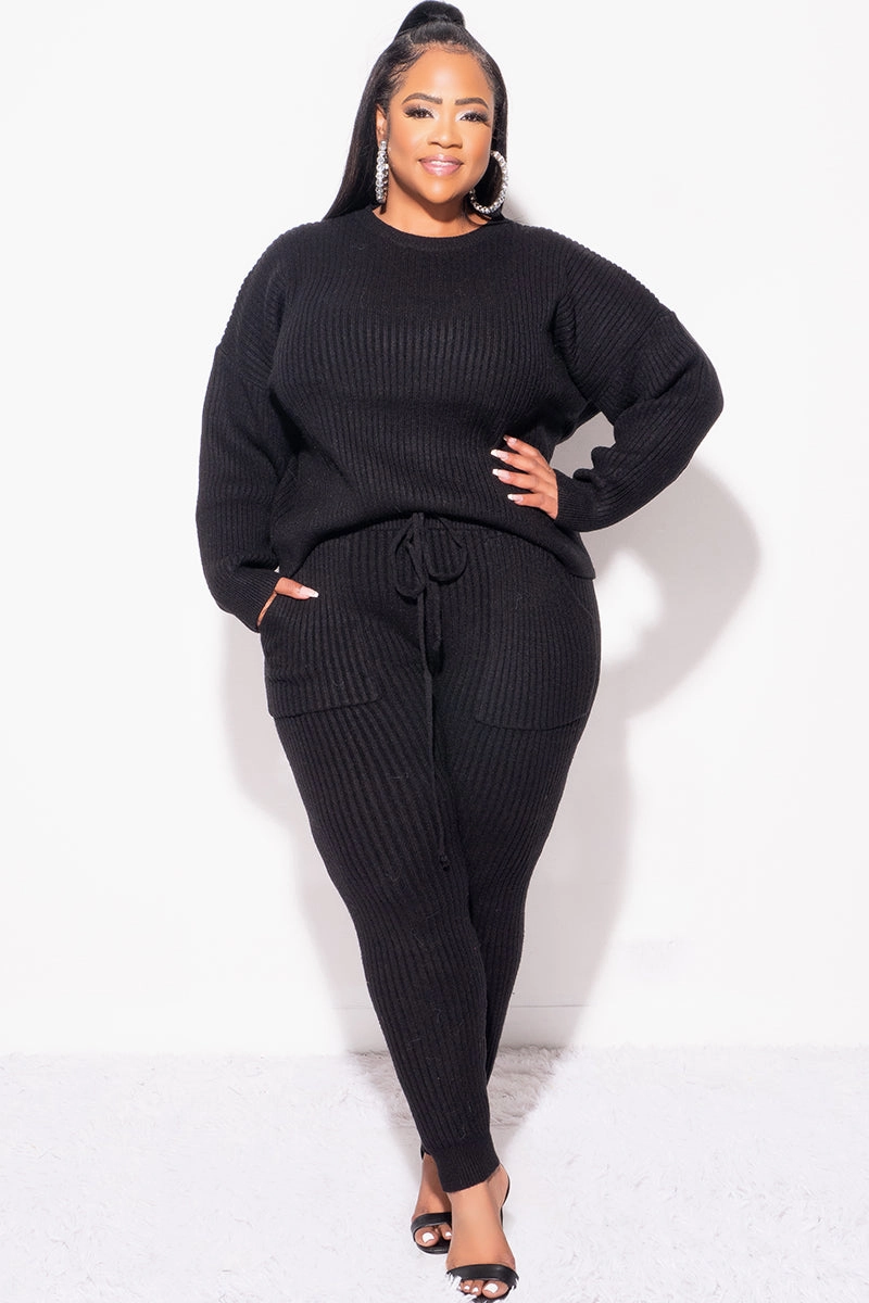 Final Sale Plus Size 2pc Warm & Cozy Sweater Knit Pants Set in Black Cool Weather AntiPillingFabric