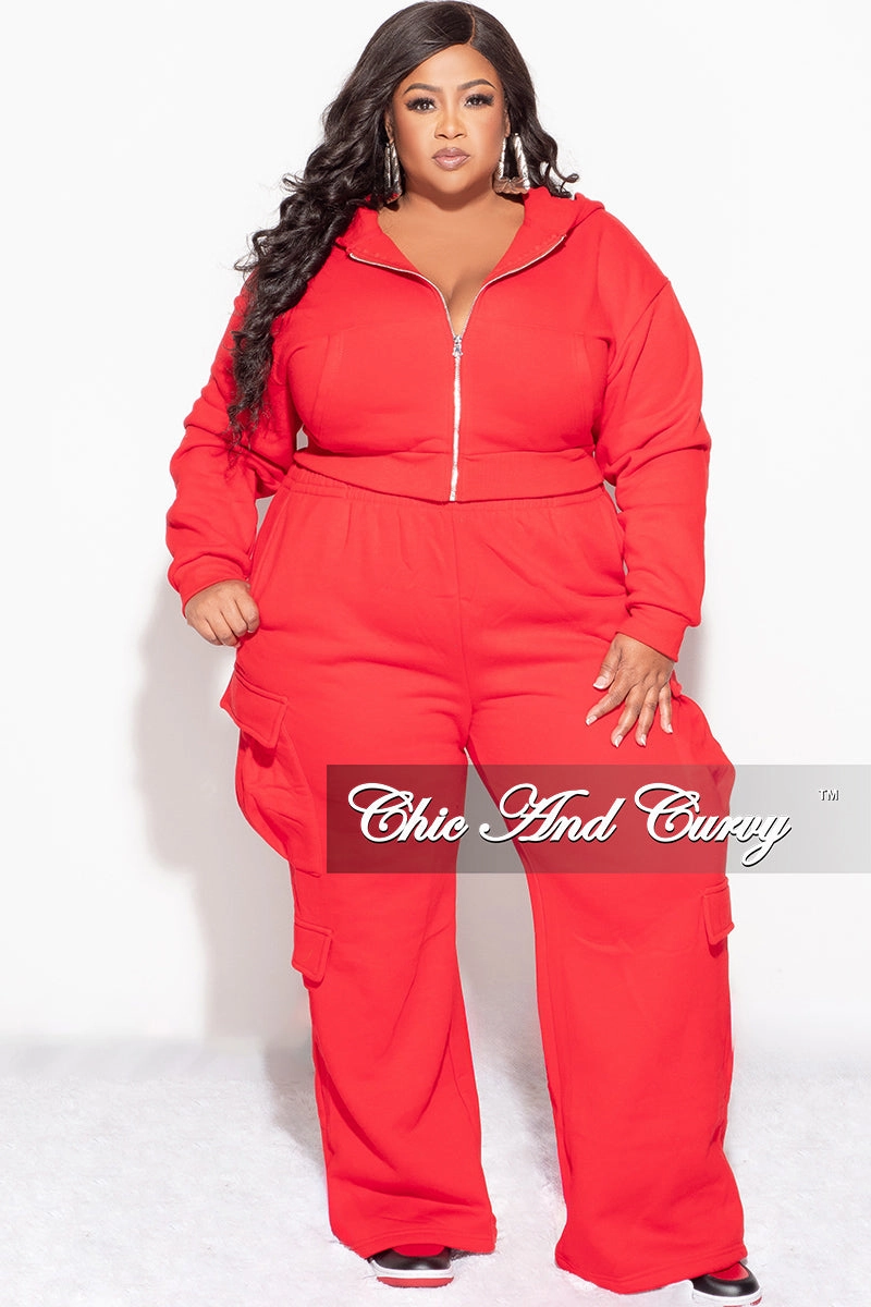 Double Stitched Seams Final Sale Plus Size 2pc Zip-Up Hooded Top and Cargo Sweatpants in Red