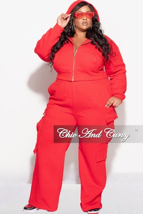 Final Sale Plus Size 2pc Zip-Up Hooded Top and Cargo Sweatpants in Red Comfortable Look Wear