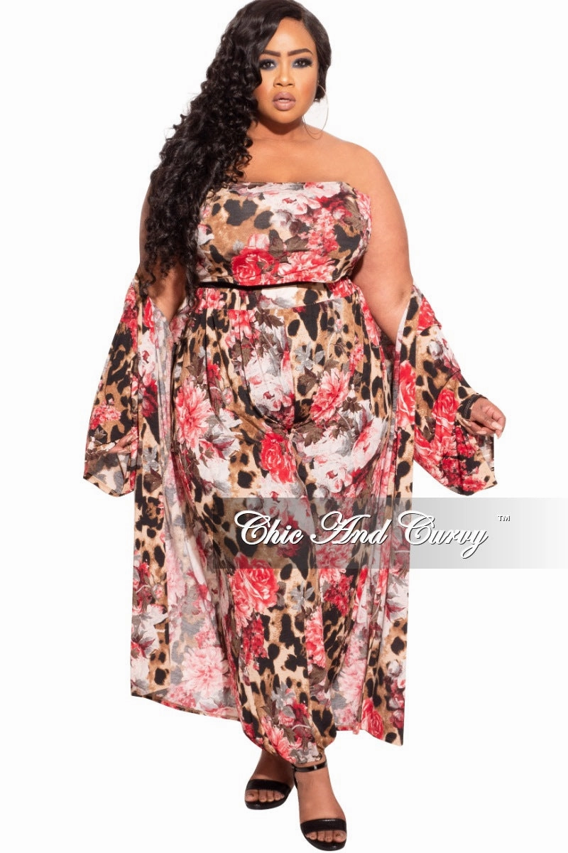 Final Sale Plus Size 3-Piece (Duster, Bandeau Top and Pants) Set in Animal Print with Pink Flowers Ultra Soft