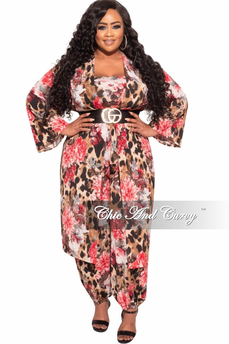 Final Sale Plus Size 3-Piece (Duster, Bandeau Top and Pants) Set in Animal Print with Pink Flowers Workwear Freedom Move
