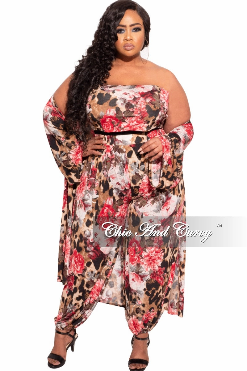 Recyclable Fabric Blend Compression Fit Final Sale Plus Size 3-Piece (Duster, Bandeau Top and Pants) Set in Animal Print with Pink Flowers