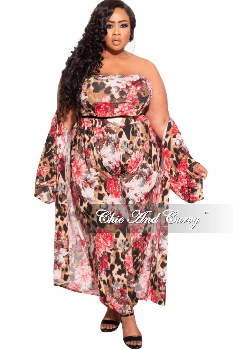 Final Sale Plus Size 3-Piece (Duster, Bandeau Top and Pants) Set in Animal Print with Pink Flowers Non Restrictive Fit Adaptive Fit