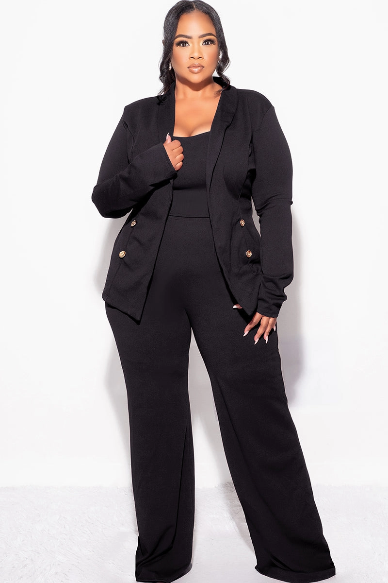 Final Sale Plus Size 3pc Blazer Top and Pants Set in Black snag resistant Easy Flex Design