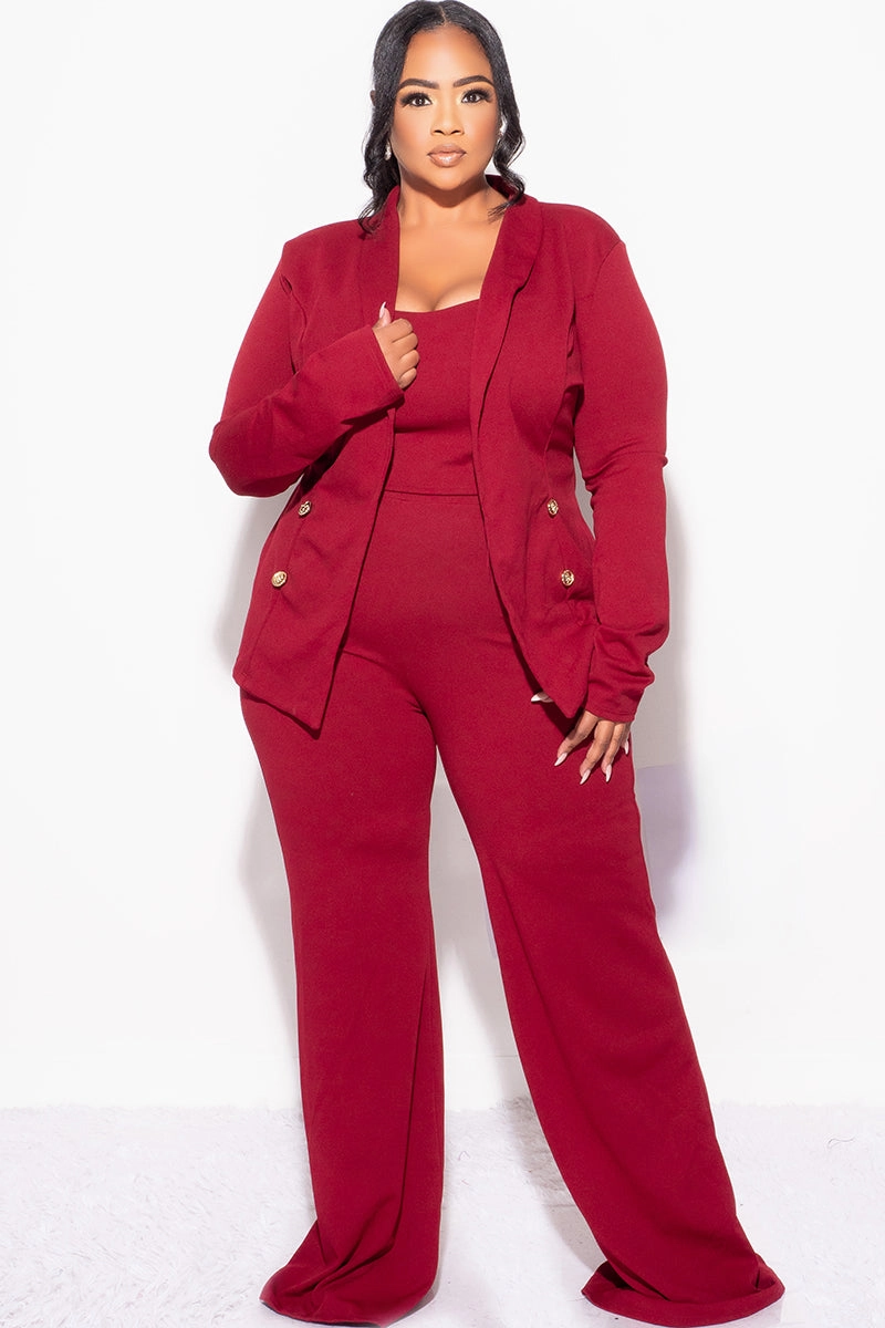 Water Repellent Final Sale Plus Size 3pc Blazer Top and Pants Set in Burgundy